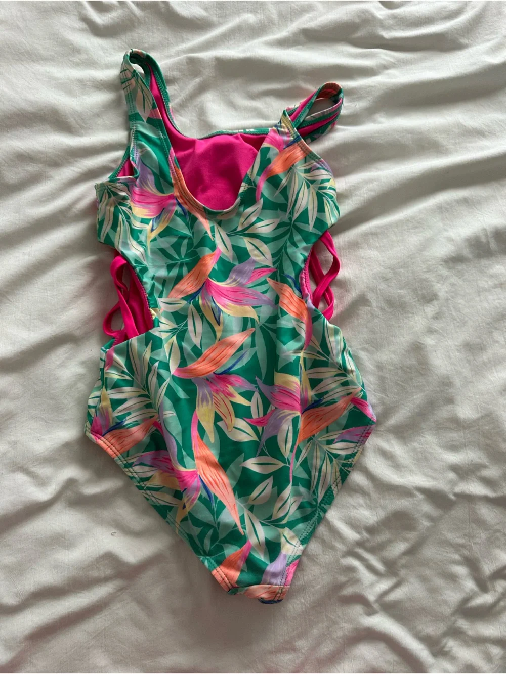 No Boundaries Green Floral One-Piece Swimsuit with Pink Cutouts